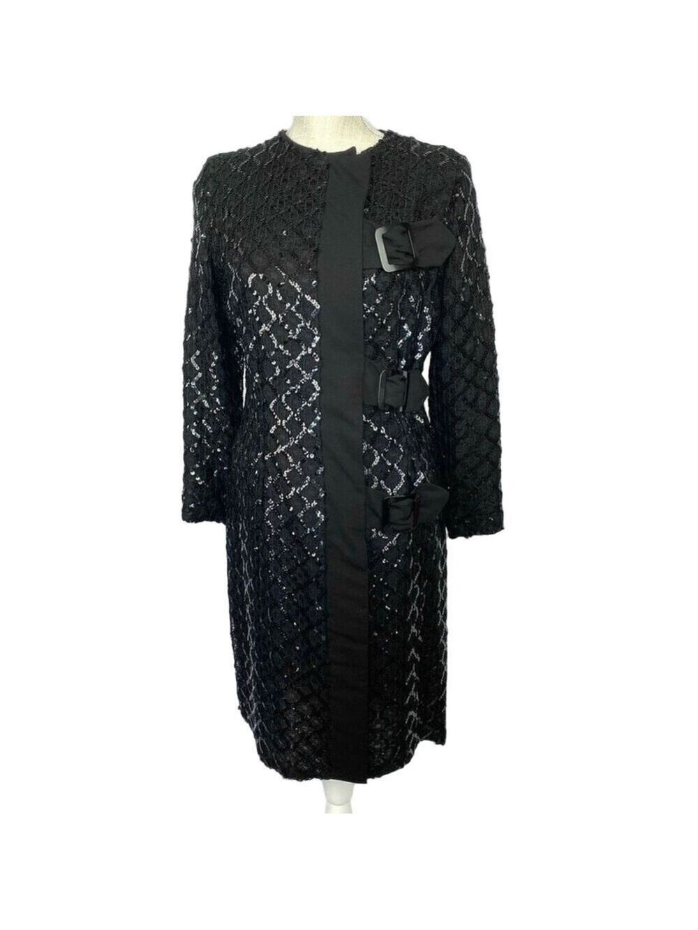 Vintage 1960s Rare Kay Cantonwine Black Sequined Coat Dress zipped Women’s M